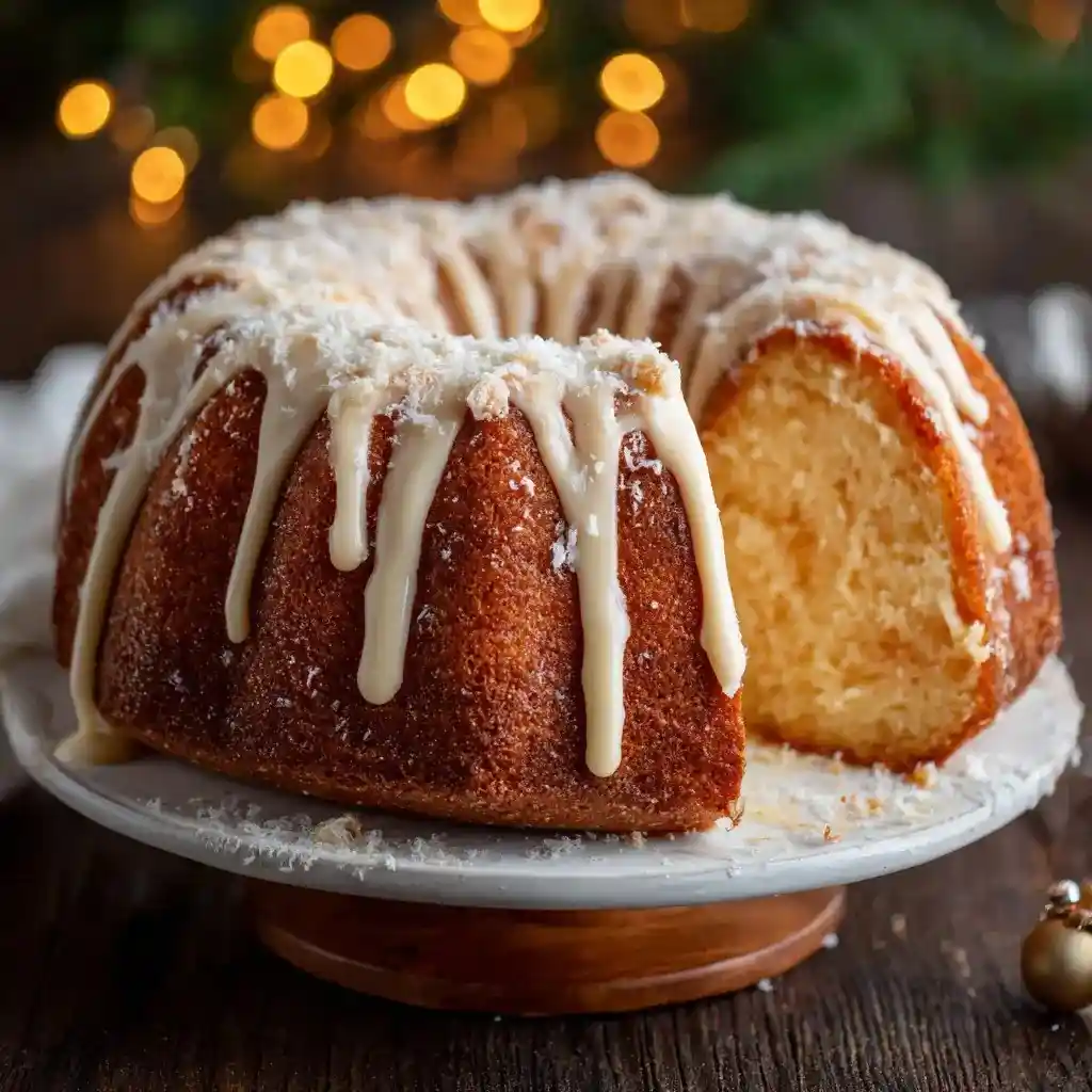 Golden brown eggnog bundt cake with white glaze drizzled on top, sitting on a wooden cake stand.