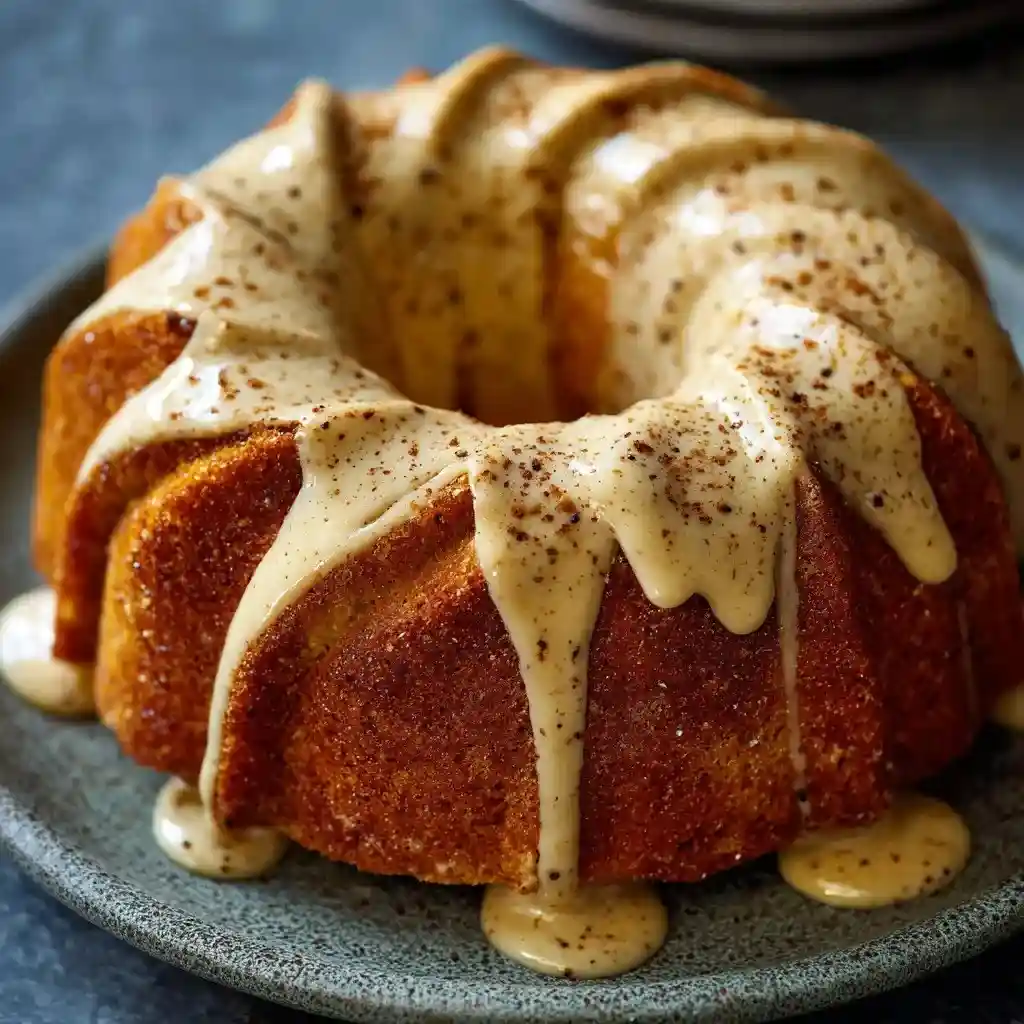 Moist bundt cake topped with creamy spiced eggnog glaze and dusted with nutmeg.