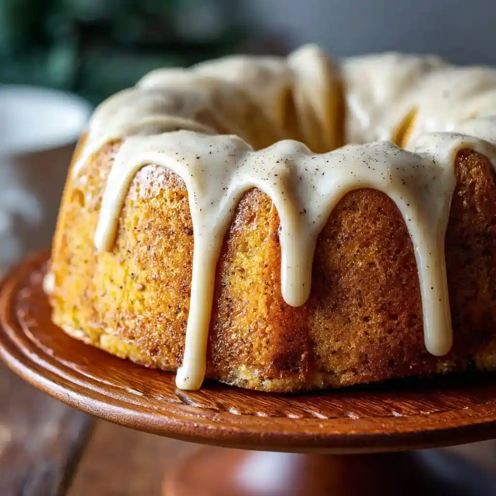Close-up of an eggnog bundt cake with vanilla-speckled icing dripping down the sides.