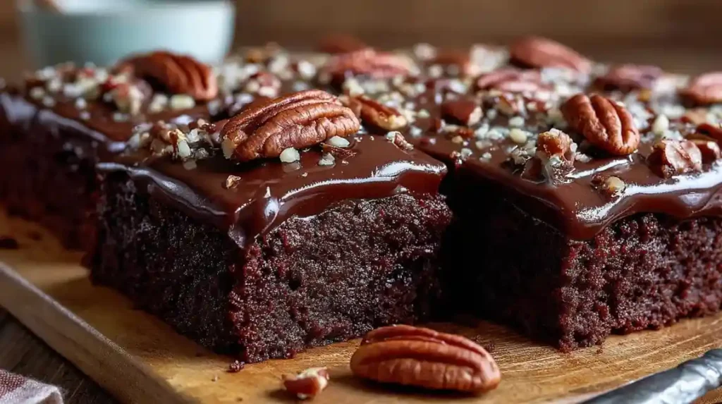 Moist Texas Sheet Cake topped with glossy chocolate icing and crunchy pecans on a wooden board.