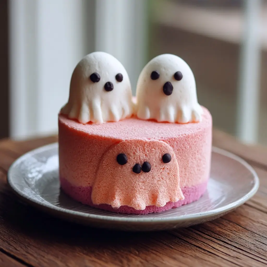 A pastel pink and purple ghost cake topped with two white ghost-shaped decorations and a smaller ghost face on the side, decorated with chocolate eyes and mouth.