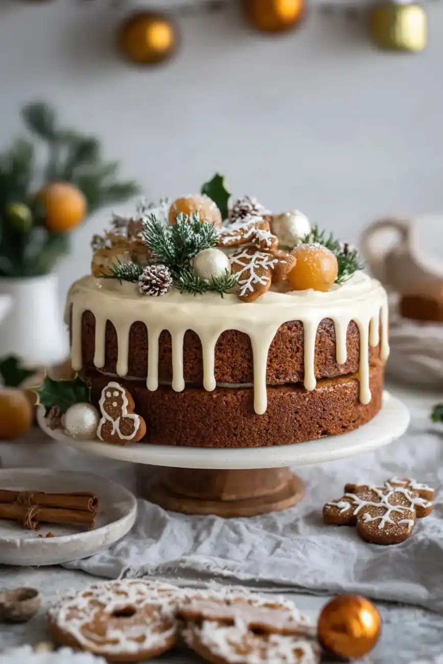 Layered gingerbread cake with white icing drip, decorated with holly, sugared fruit, pinecones, and gingerbread cookies for a Christmas dessert display.