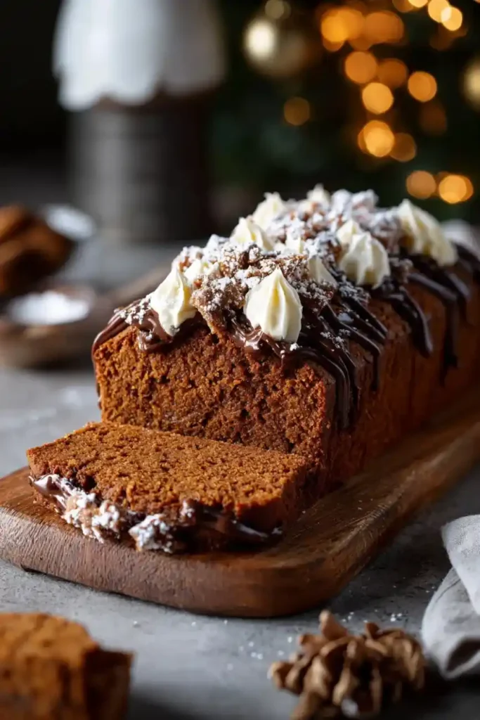 Moist gingerbread loaf topped with chocolate drizzle, whipped cream, and powdered sugar, served on a wooden board with twinkling holiday lights.
