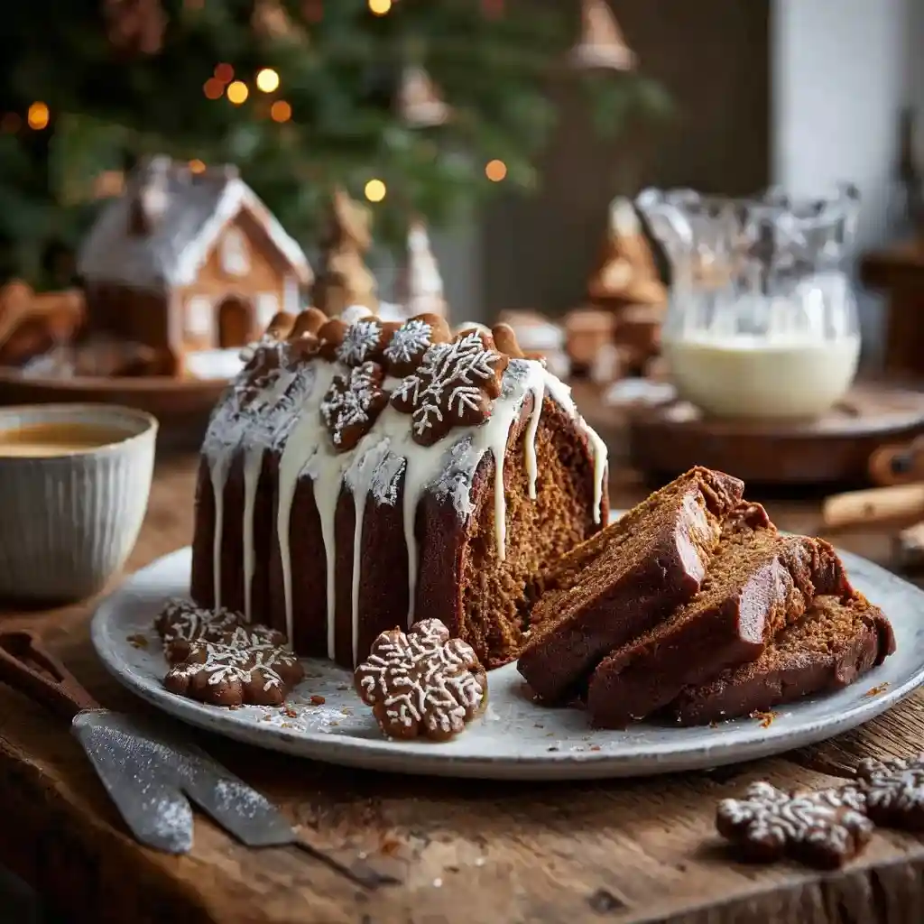 Gingerbread loaf cake topped with white icing, snowflake cookies, and powdered sugar, sliced on a rustic wooden table with holiday decor.