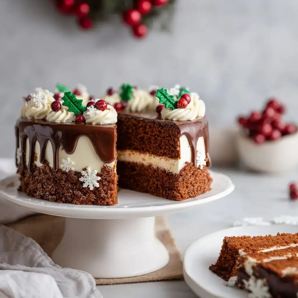 Festive gingerbread layer cake with white frosting, chocolate ganache drip, and holly decorations on a white cake stand.