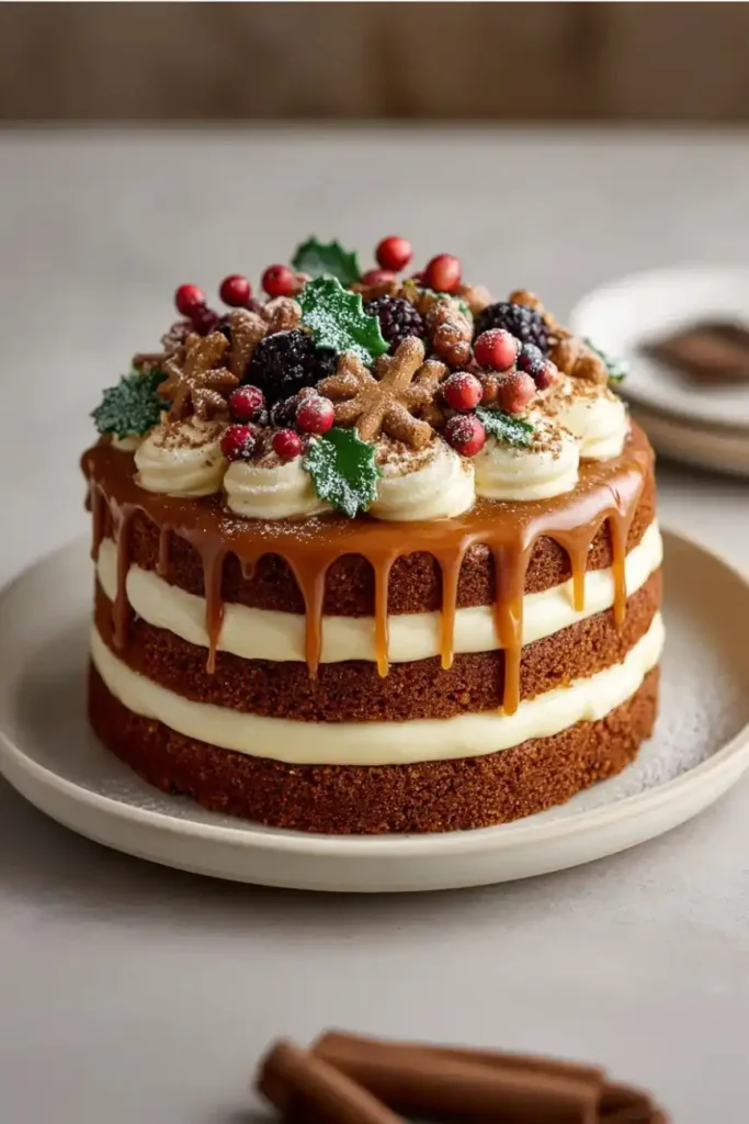 Gingerbread layer cake with caramel drip, cream cheese frosting, berries, and holly leaves on top.