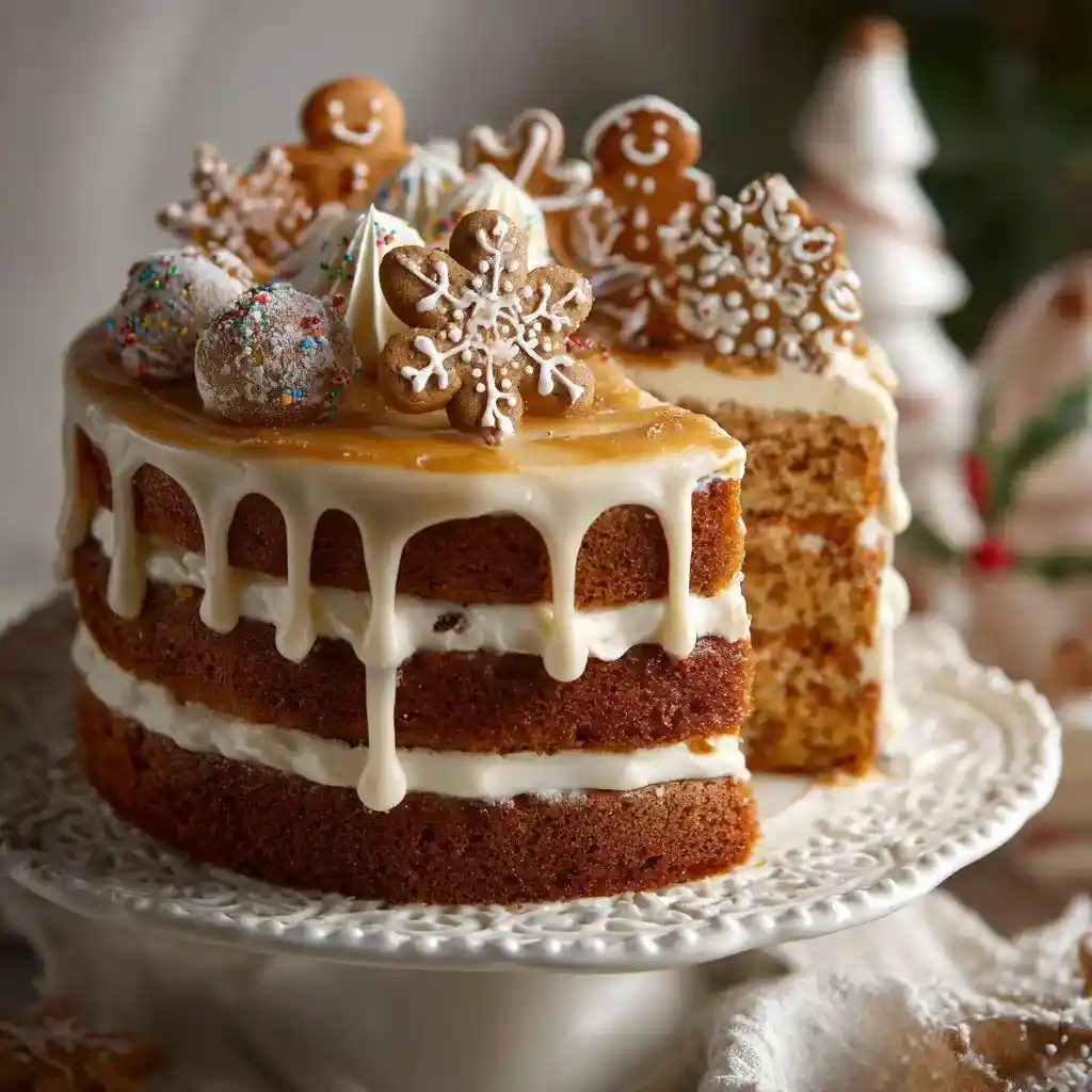 Gingerbread layer cake with vanilla glaze and decorated with snowflake and gingerbread cookies.
