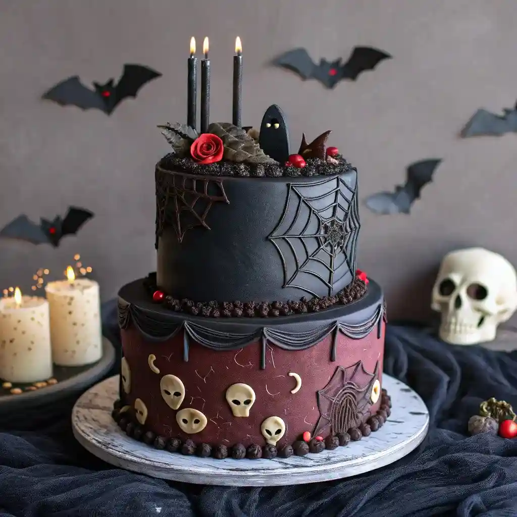 Two-tier black and burgundy gothic cake decorated with cobwebs, candles, and skulls.