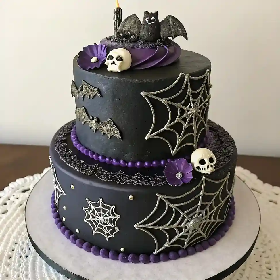Two-tier black and purple gothic cake with spiderweb details, skulls, and bat toppers.