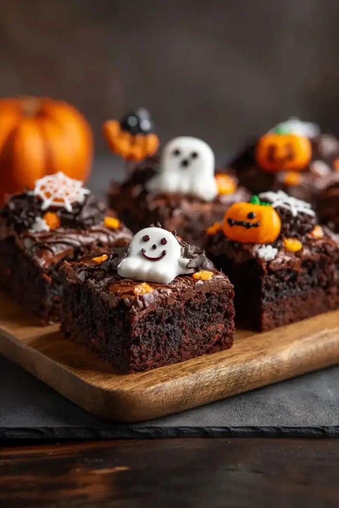 Moist Halloween brownies topped with smiling ghost and pumpkin decorations, served on a wooden board with pumpkins in the background.