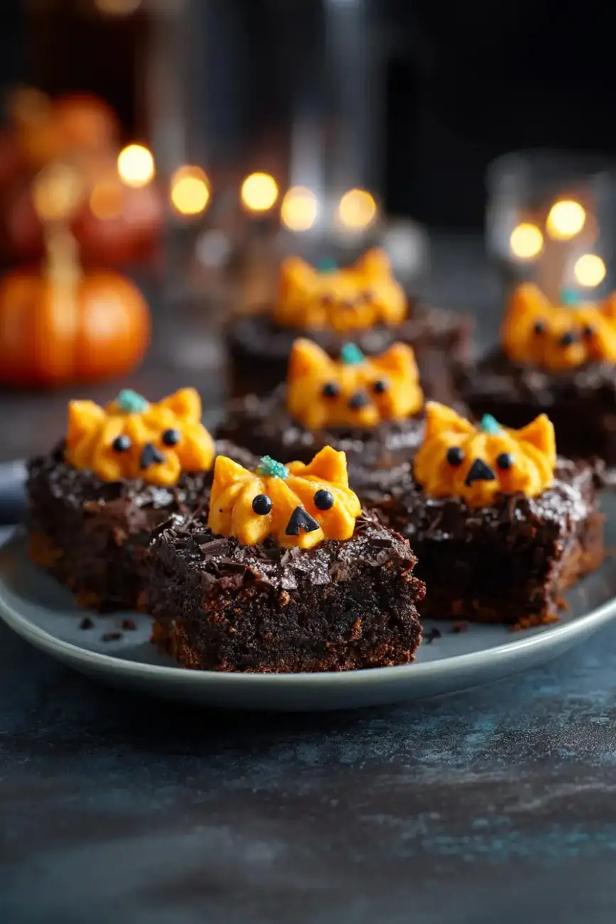 Rich chocolate brownies topped with piped orange pumpkin faces and black icing details on a plate surrounded by glowing candles and pumpkins.