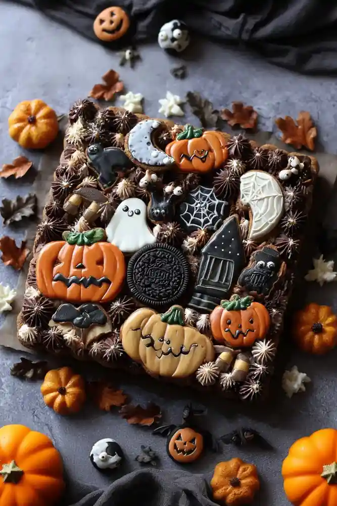 Square Halloween cookie cake decorated with pumpkins, ghosts, bats, and spiderweb cookies on a chocolate frosting base surrounded by mini pumpkins and leaves.