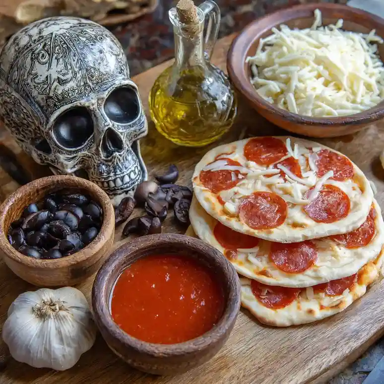 Mini pepperoni pizzas with shredded cheese, tomato sauce, and black olives styled with a decorative skull and rustic wooden board.