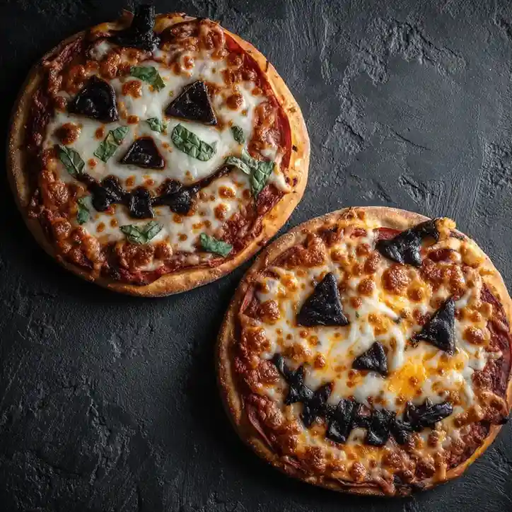 Two Halloween pizzas shaped like jack-o’-lantern pumpkins with mozzarella, tomato sauce, and black tortilla cutouts for faces.