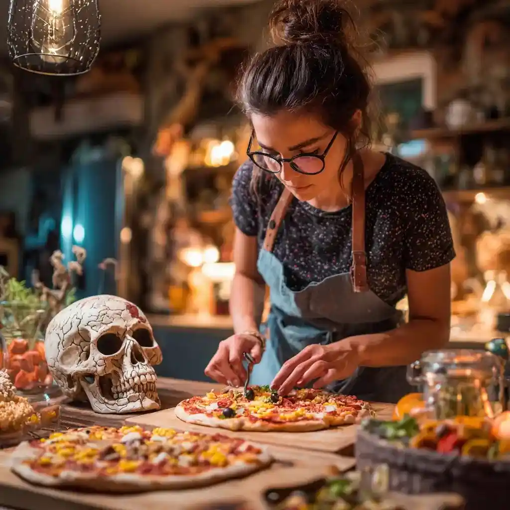 Woman decorating Halloween pizzas in a cozy kitchen with a decorative skull and autumn decor.