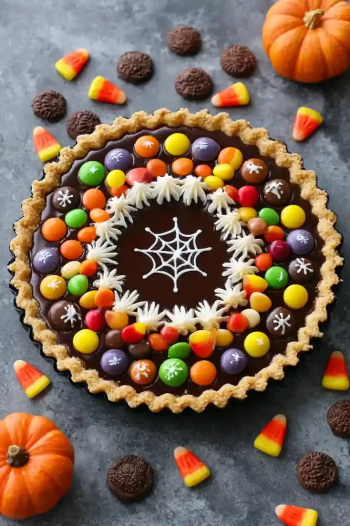 round chocolate tart decorated with colorful Halloween candies and spider web icing