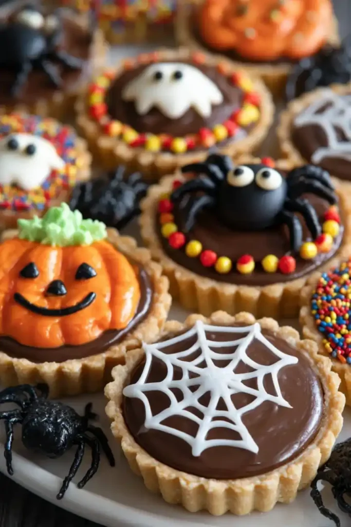 mini chocolate tarts decorated with pumpkins, ghosts, spiders, and sprinkles