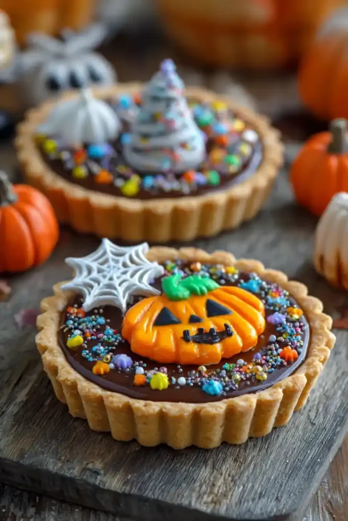 mini tarts topped with pumpkin icing and spider web decorations