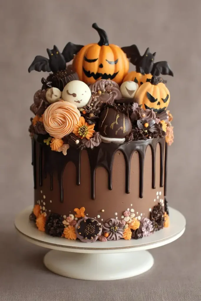 Tall Halloween chocolate drip cake decorated with pumpkins, bats, and buttercream flowers.