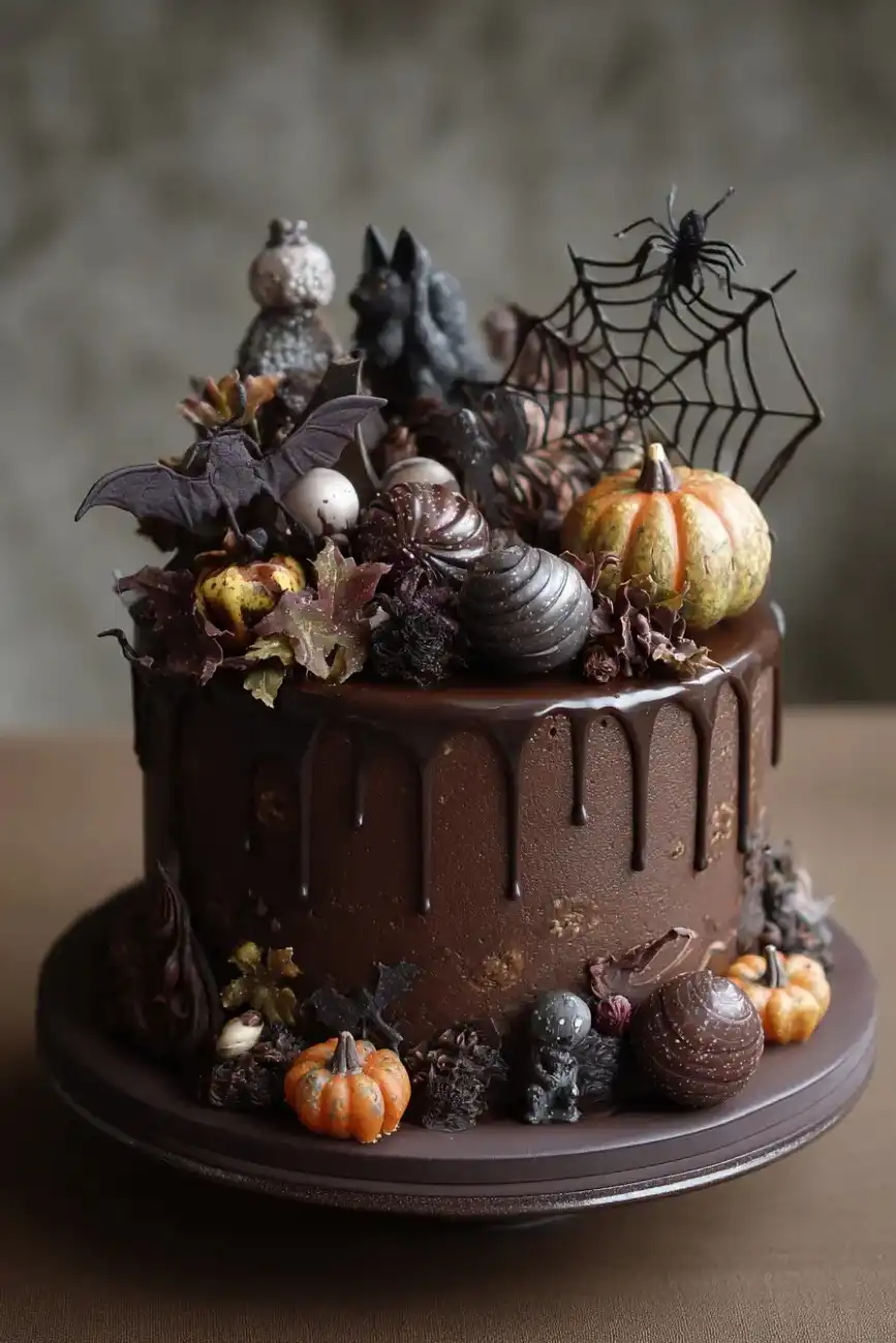 Gothic chocolate Halloween cake with spiderweb and pumpkin decorations.