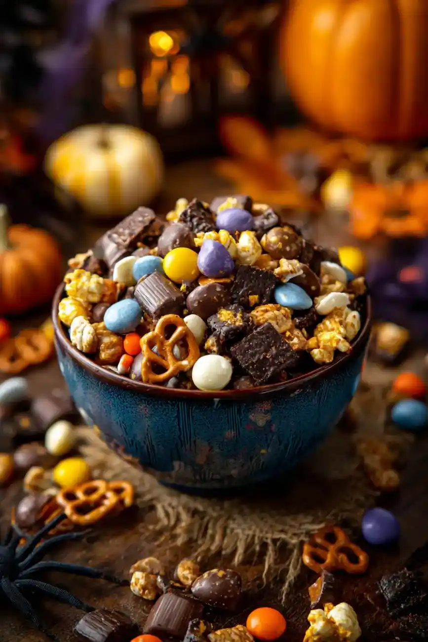 Blue bowl filled with festive trail mix featuring chocolate candies, popcorn, pretzels, and fall treats with pumpkins in the background.