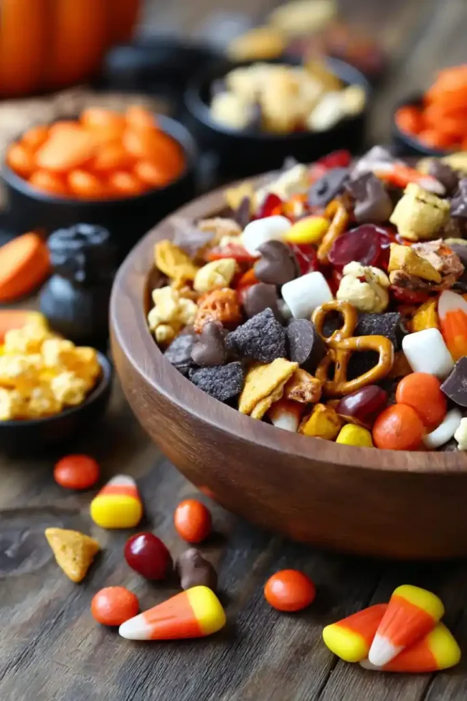 Wooden bowl filled with Halloween snack mix including candy corn, popcorn, chocolate, and mini pretzels surrounded by orange candies.