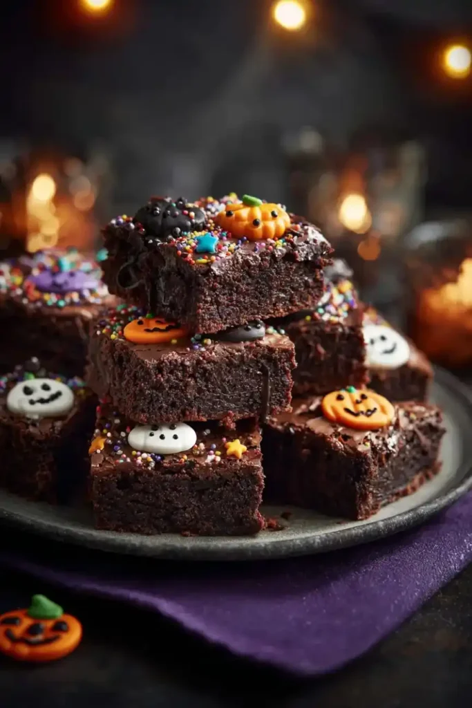 Stack of fudgy Halloween brownies decorated with colorful sprinkles, candy pumpkins, and ghosts on a plate with twinkling lights in the background.