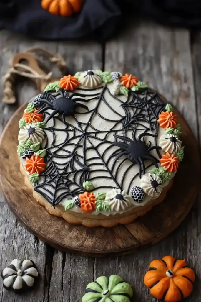 Halloween cookie cake with black spiderweb icing and two fondant spiders, surrounded by orange and green buttercream pumpkins on a rustic wood board.