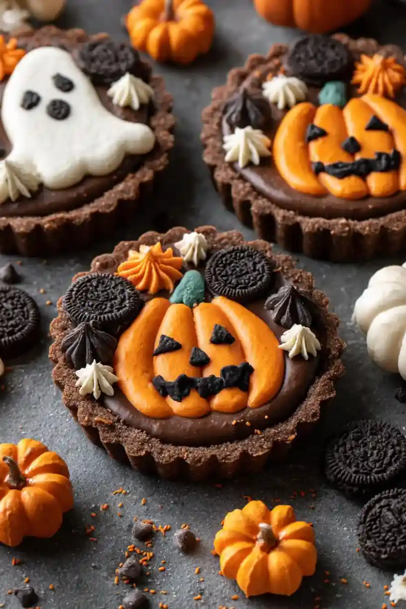 chocolate tartlets decorated with pumpkin faces, ghosts, and mini Oreos