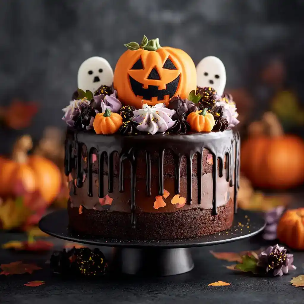 Chocolate Halloween cake with smiling pumpkin topper and mini ghosts.