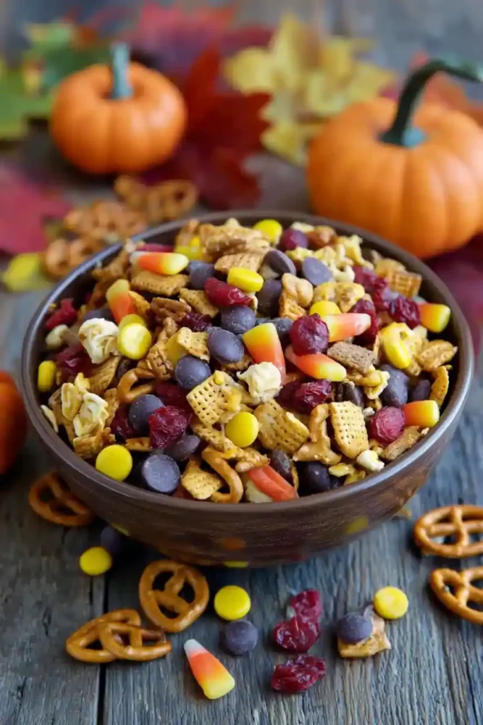 Rustic fall table with a bowl of Halloween trail mix filled with Chex cereal, candy corn, pretzels, and cranberries surrounded by pumpkins.
