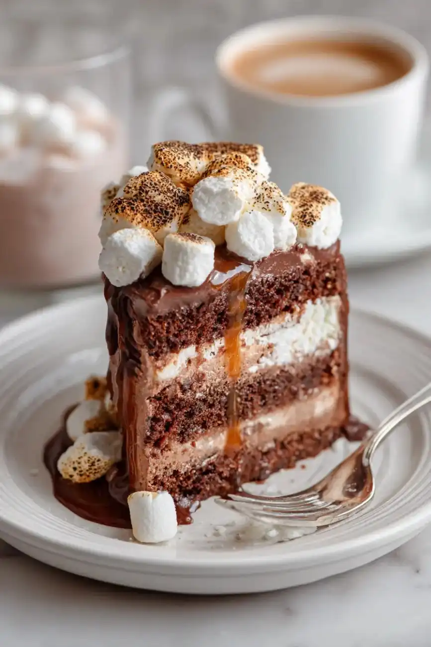 Slice of hot chocolate layer cake topped with toasted marshmallows, chocolate ganache, and caramel drizzle on a white plate.