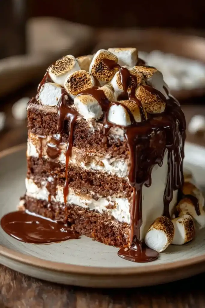 Thick slice of hot chocolate layer cake dripping with melted chocolate and topped with toasted marshmallows.