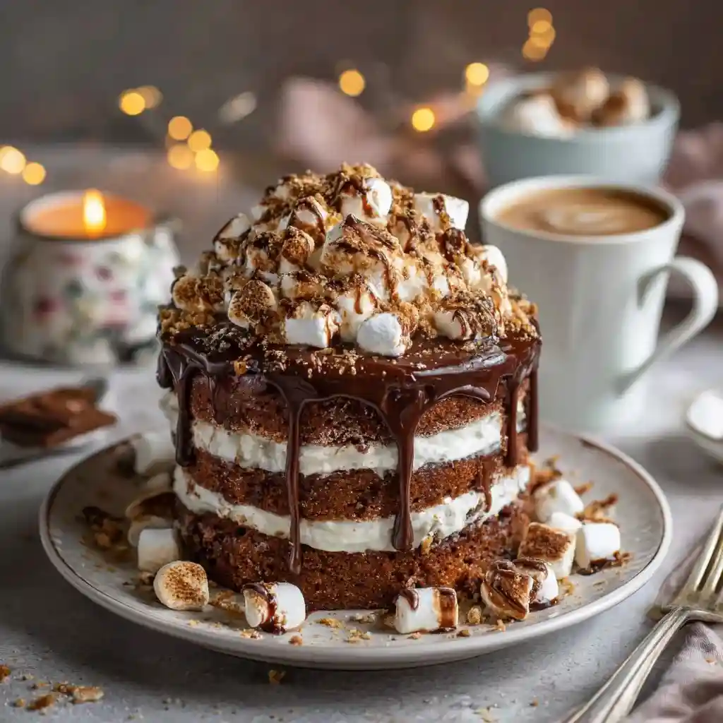 Whole hot chocolate layer cake with chocolate ganache, marshmallows, and graham crumbs surrounded by coffee cups.