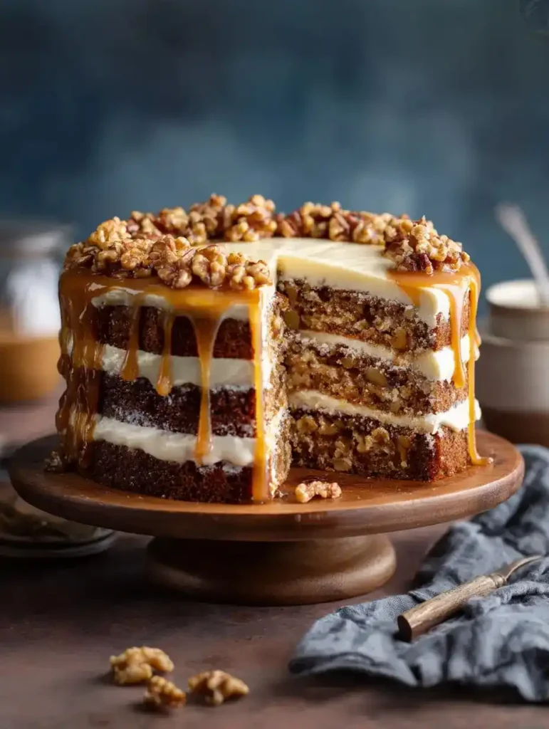Triple layer maple walnut cake with maple frosting and caramel drizzle, sliced open to reveal walnut-studded layers on a wooden stand.