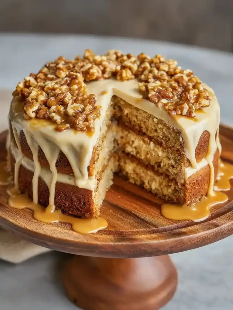 Three-layer maple walnut cake on a wooden stand, dripping with maple cream cheese frosting and topped with glazed walnuts.