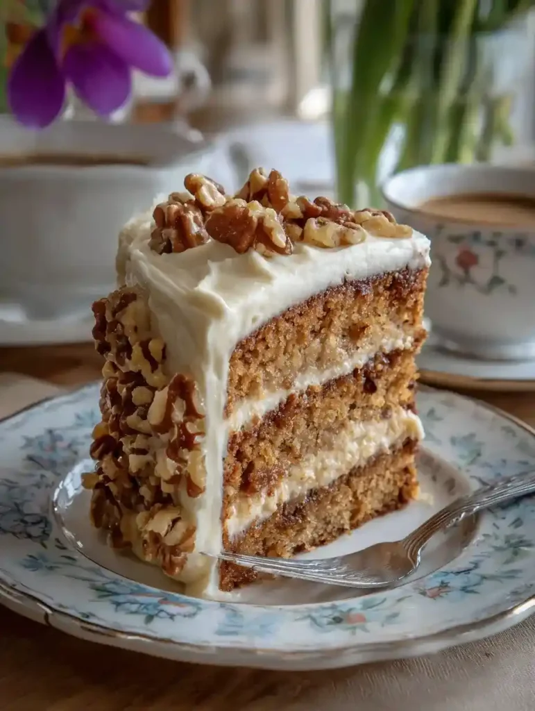 Slice of maple walnut cake with cream cheese frosting and chopped walnuts on top, served on a vintage floral plate beside a cup of coffee.