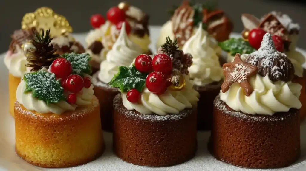 Mini Christmas cupcakes topped with whipped cream, holly leaves, and red currants.