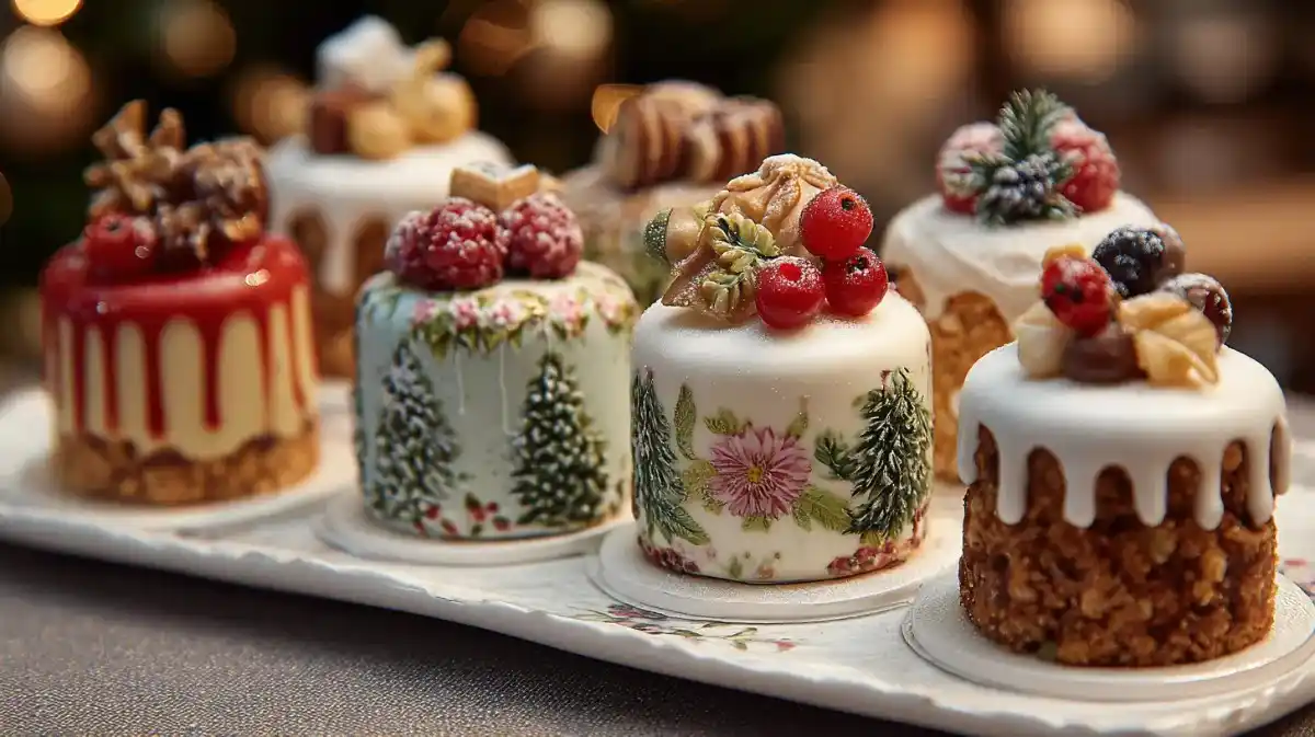 Mini Christmas cakes with hand-painted winter floral and tree designs, topped with berries.