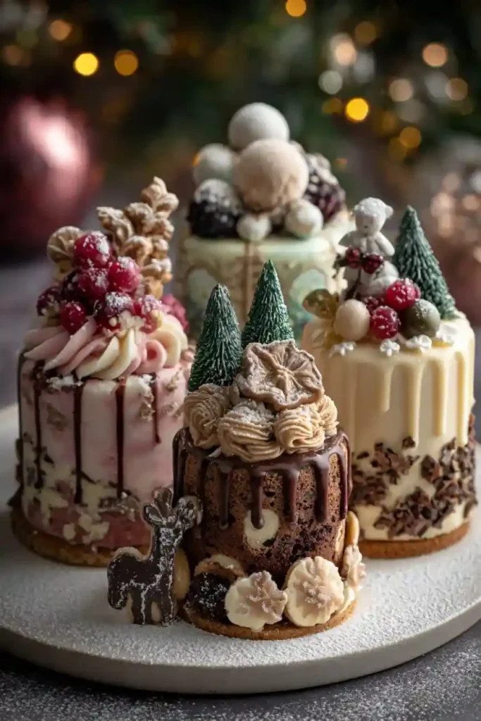 Assorted mini Christmas cakes decorated with buttercream, chocolate drip, trees, and festive berries.