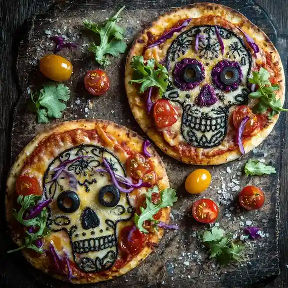 Two Day of the Dead–inspired skull pizzas decorated with black olive outlines, red cabbage, and fresh tomatoes.