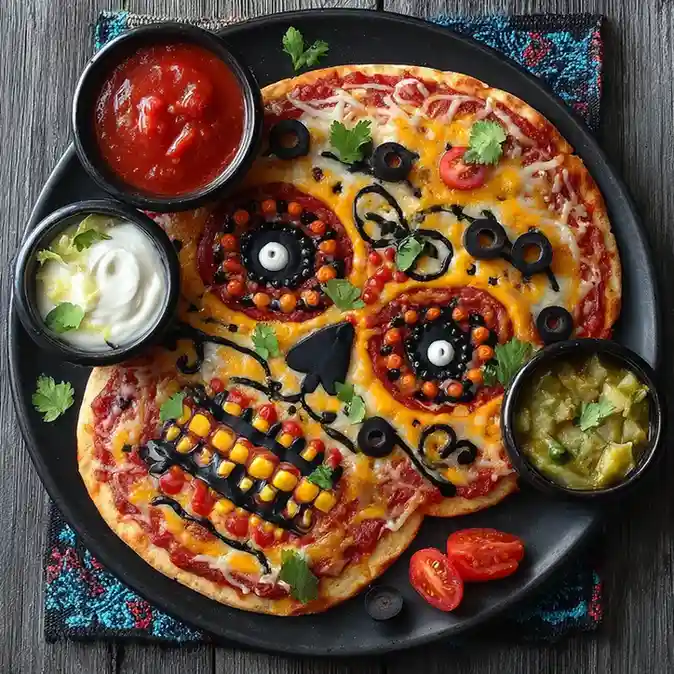 Halloween sugar skull pizza decorated with black olives, corn, peppers, and cheese, served with salsa, sour cream, and guacamole dips.