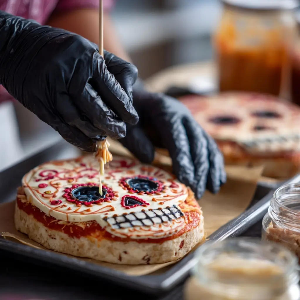 Woman decorating Halloween pizzas in a cozy kitchen with a decorative skull