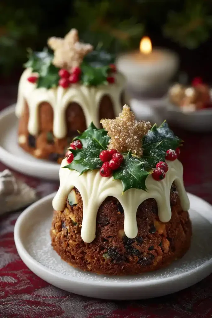 Mini fruit Christmas cakes with white icing drip, holly, and sugared stars.