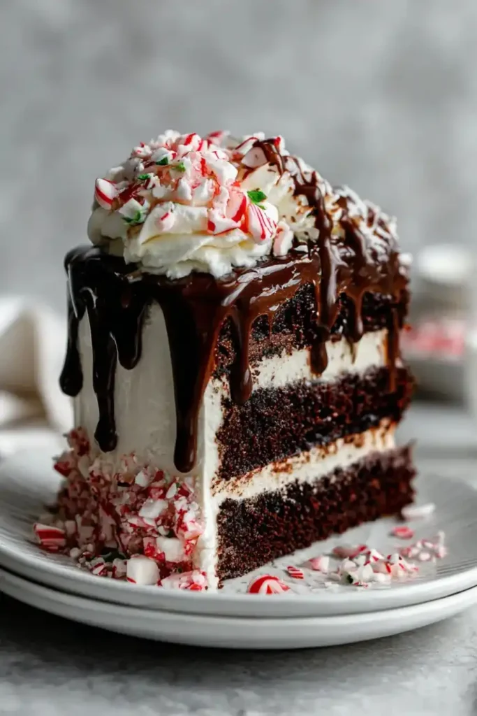 Slice of peppermint mocha cake with chocolate ganache, whipped cream, and crushed candy canes.