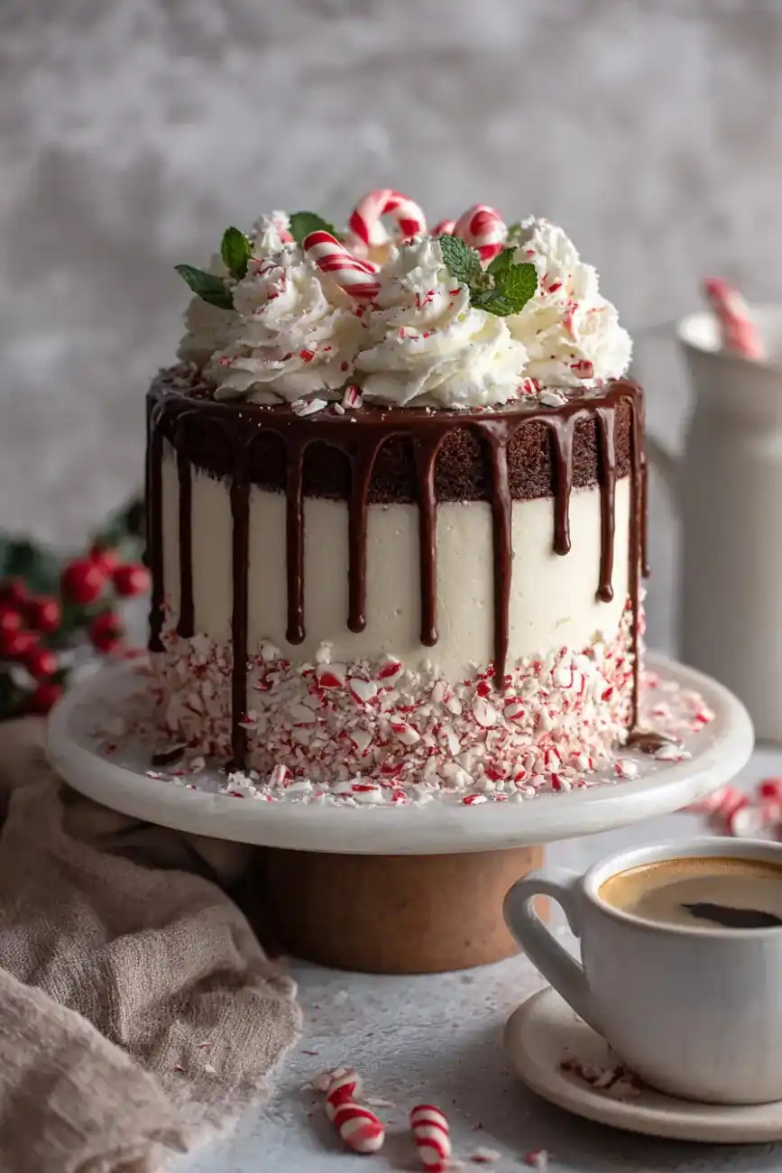 Whole peppermint mocha cake on a stand decorated with whipped cream, mint leaves, and crushed candy canes.