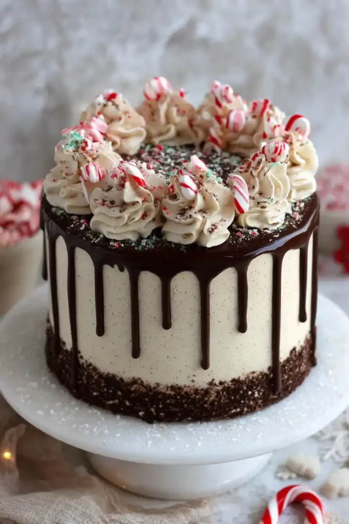 Peppermint mocha cake decorated with chocolate drip, frosting swirls, and mini candy canes.