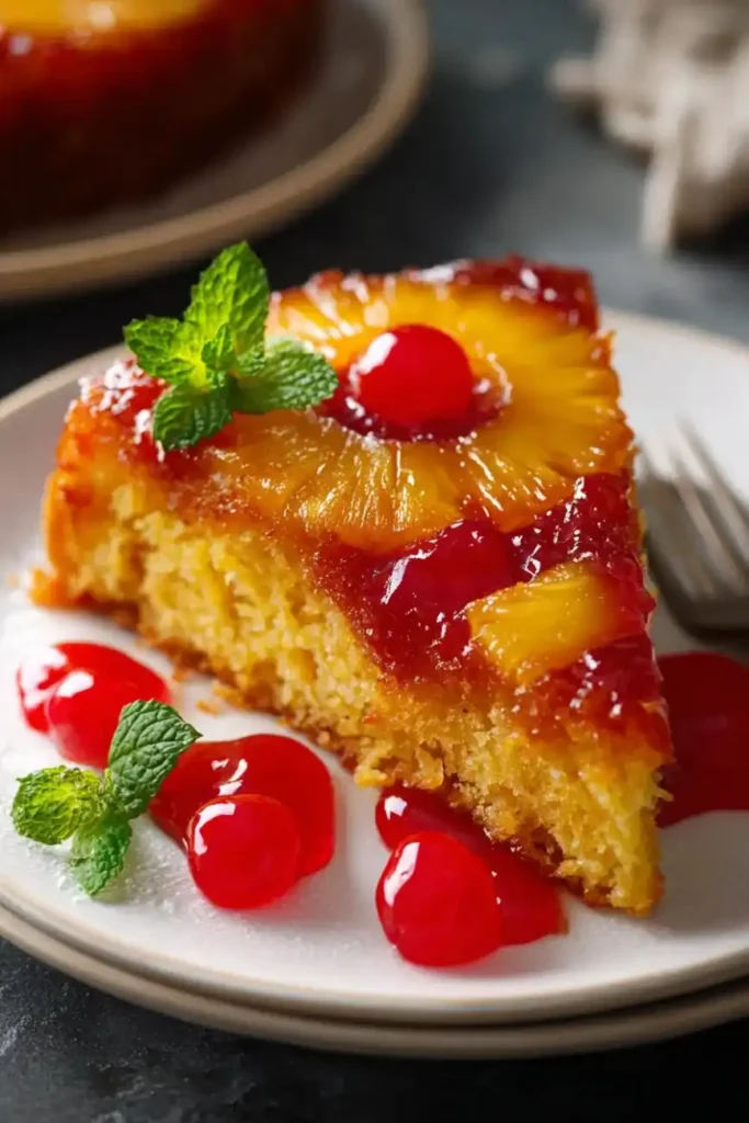 Slice of pineapple upside-down cake with cherries and mint garnish on a white plate.