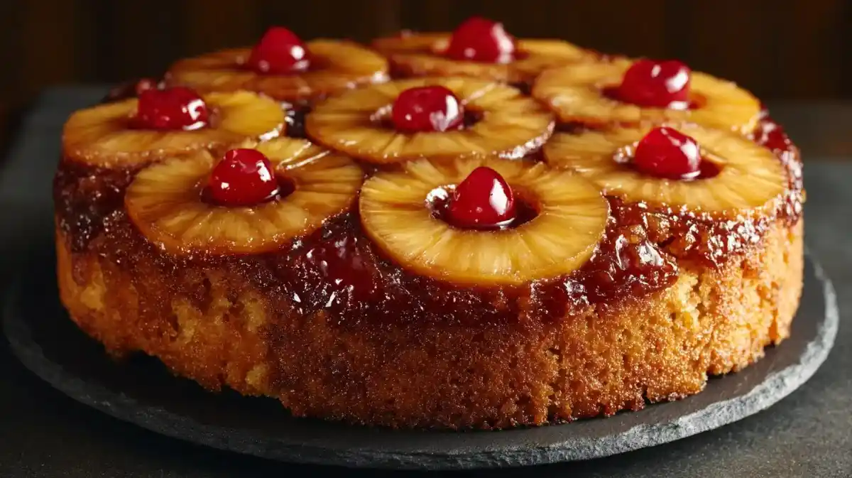Pineapple upside-down cake with rich caramel topping and cherries on a dark slate serving board.