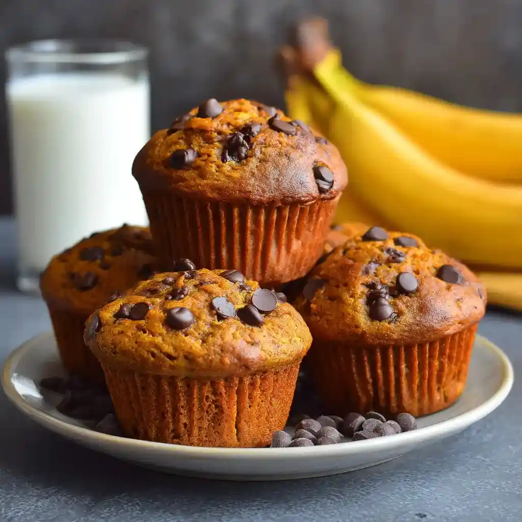 Pumpkin banana chocolate chip muffins stacked on a plate with chocolate chips, bananas, and a glass of milk in the background.